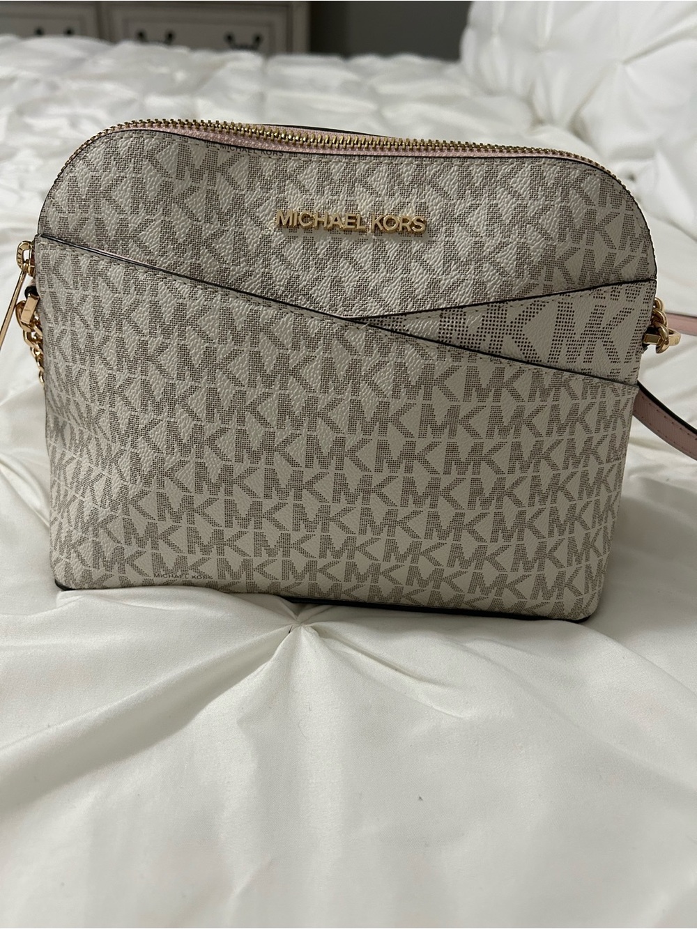 Michael Kors Signature MK Monogram Crossbody in Vanilla/Beige with Gold Hardware